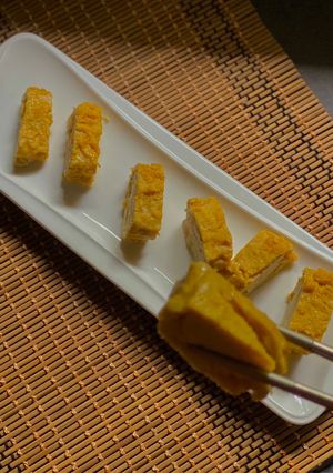 A picture of Japanese Rolled Omelette (Dashimaki Tamago-Kansai style), quick breakfast.