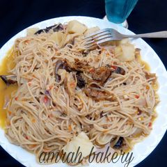 Spaghetti with yam and dry fish A picture of Spaghetti with yam and dry fish.