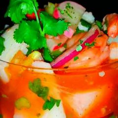 A picture of Mike's Coctel de Camarones [mexican shrimp cocktail].