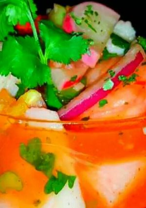 A picture of Mike's Coctel de Camarones [mexican shrimp cocktail].
