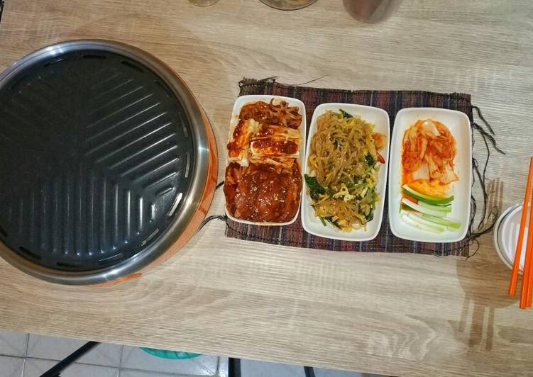Korean Bbq homemade with Japchae and Kimchi