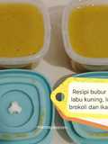 Bubur nasi, brokoli, lobak, labu kuning dan ikan bilis
