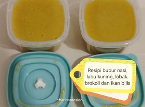 Gambar Bubur nasi, brokoli, lobak, labu kuning dan ikan bilis