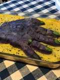 Duo de purées « zombie » roseval et vitelotte au curcuma et basilic