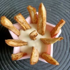 Jain Fries with Cheese Dip A picture of Jain Fries with Cheese Dip.