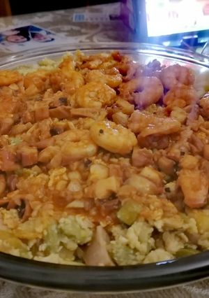 Foto principal de Timbal de base de revuelto de calabacín con gambas y pulpo al pilpil