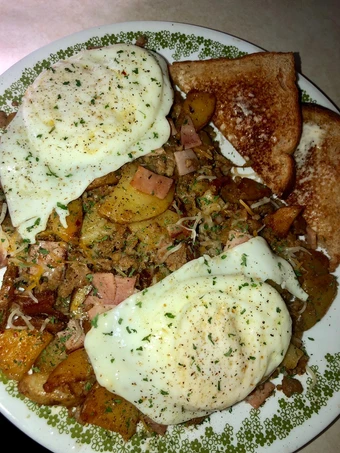Easy Steps to Make Sausage, ham and fried potato skillet topped with eggs the  Makes Drooling Makes you drool