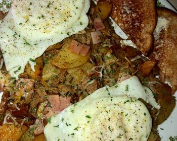 Easy Cooking Recipe Sausage ham and fried potato skillet topped with eggs Delicious Nutritious