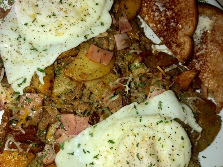 Easy Steps to Prepare Sausage, ham and fried potato skillet topped with eggs the Awesome  Really delicious