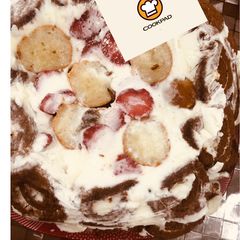 Swiss roll strawberry gulab jamun ice cake A picture of Swiss roll strawberry gulab jamun ice cake.