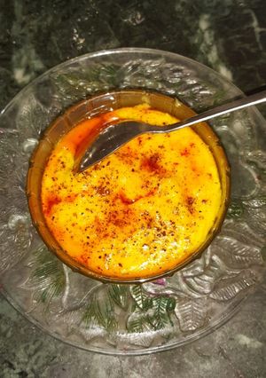 A picture of Moong dal kadhi and no frying pakori.