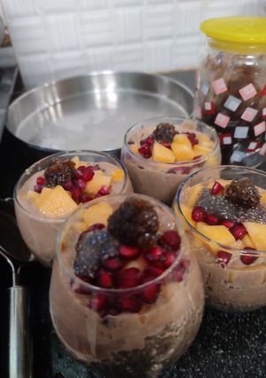 A picture of Chia seed mango,saffron,shrikand,coconut(tender)pudding.