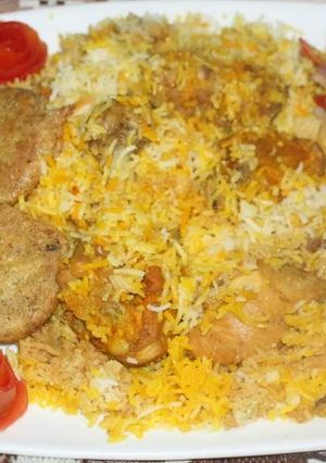 A picture of Sindhi baryani + kuchumar salad + shami kabab.