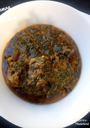 A picture of Spicy vegetable soup with zogale and groundnut.