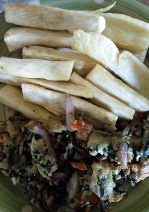 A picture of Fried yam with egg.