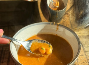 A picture of Middle Eastern inspired Chickpea, potato and tomato soup.
