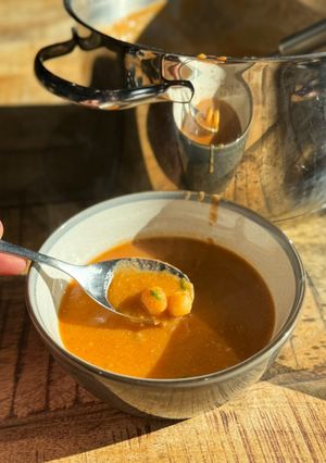 A picture of Middle Eastern inspired Chickpea, potato and tomato soup.