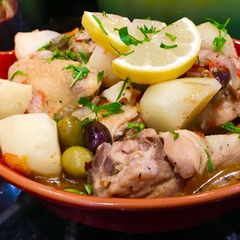 A picture of Mediterranean Inspired Chicken Stew with Olives, Tomatoes & Potatoes.