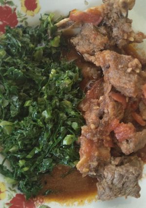 A picture of Kales with beef wet fry.