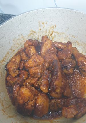 A picture of Chicken on Buffalo sauce.