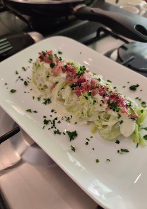 Une photo de Spaghettis de Poireaux, Crème de Camembert, Émietté de Pancetta