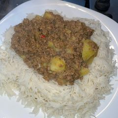 A picture of Aloo Qeema with Rice.