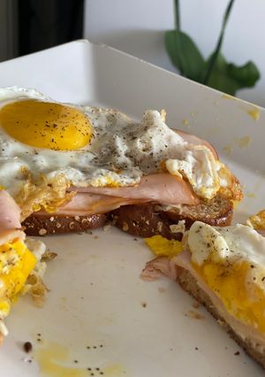 Una foto de Pan de avena con 1 lonja de queso 1 lonja de pavo y huevo 🥚 al vapor