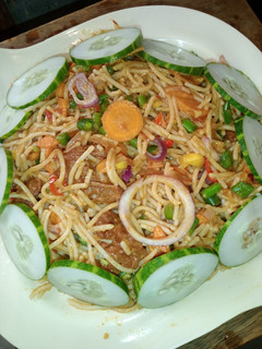 A picture of Pasta with stir fried vegetables and beef.