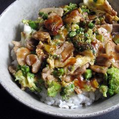 A picture of Broccoli, Pork & Egg Rice Bowl.
