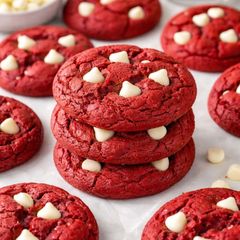 A picture of Red Velvet Cookies with White Chocolate Chips.