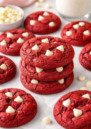 A picture of Red Velvet Cookies with White Chocolate Chips.