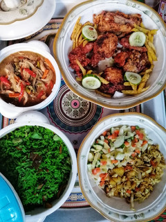 A picture of Fried rice, potato salad, shredded chicken and KFC chicken.