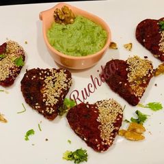 A picture of Beetroot  cutlets with avocado walnut dip.