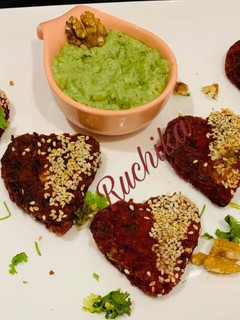 A picture of Beetroot  cutlets with avocado walnut dip.