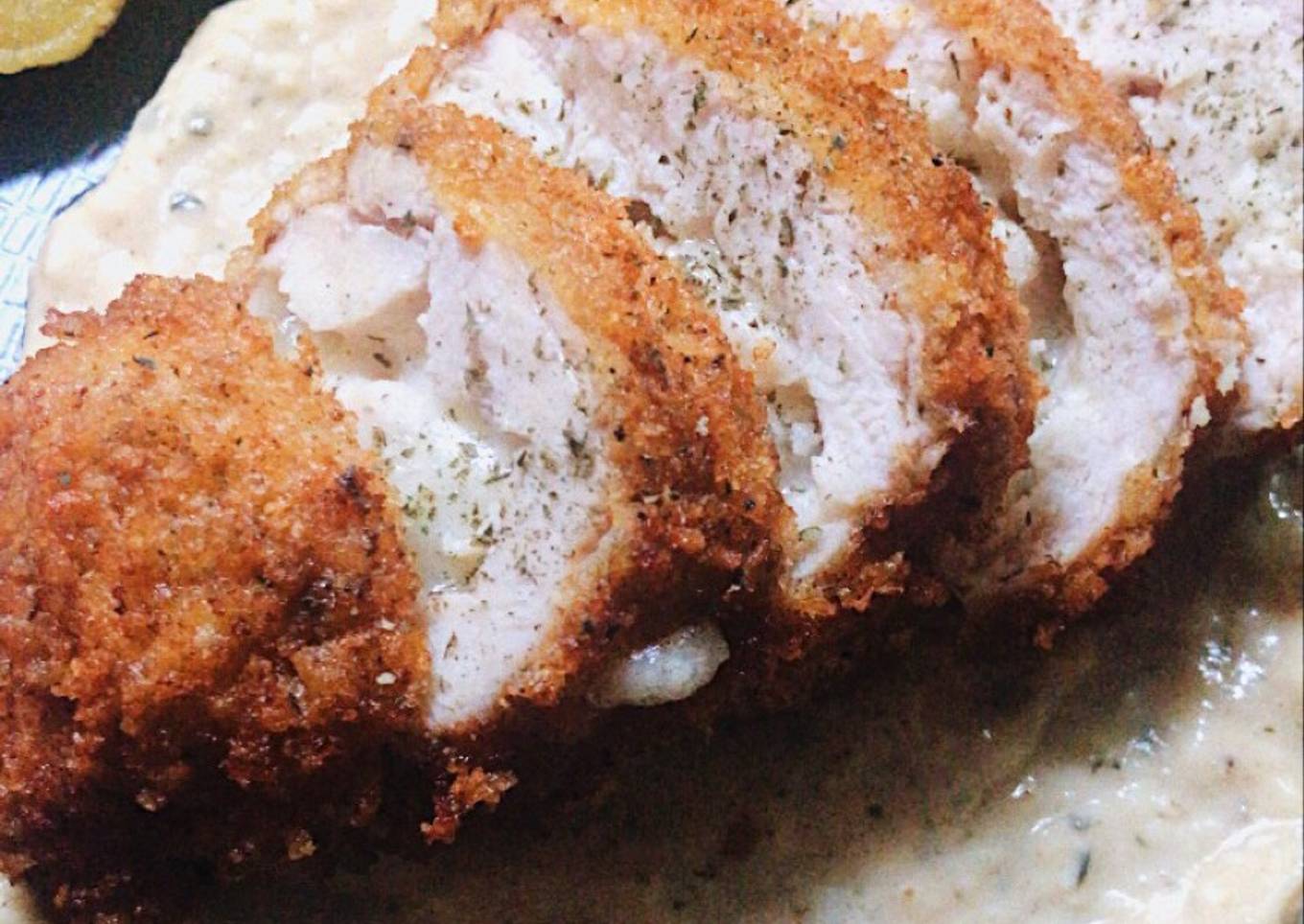 Chicken Cordon Bleu with Creamy Cheese Sauce & Potato Wedges