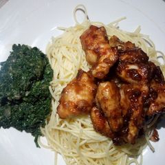 A picture of Chicken, pasta and mchicha #maindish#teamalpha#luhyalocaldishes.