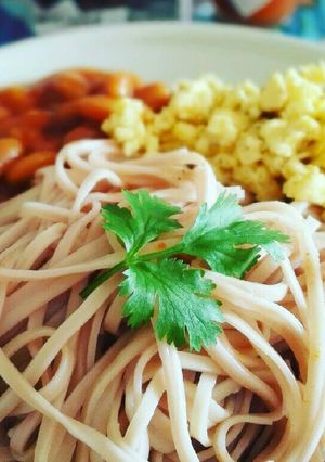 A picture of Mee with egg and beans -Simple breakfast.