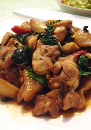 A picture of Three Cup Chicken Thighs with King Oyster Mushrooms.