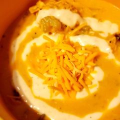 A picture of Buffalo Ranch Chicken Soup with Roasted Cauliflower.