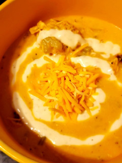 A picture of Buffalo Ranch Chicken Soup with Roasted Cauliflower.