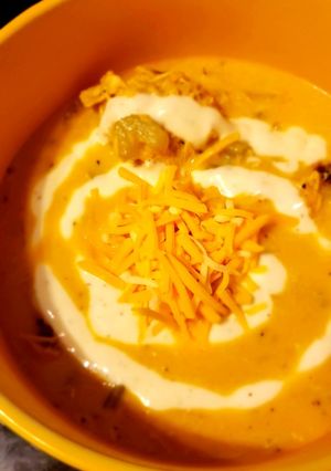 A picture of Buffalo Ranch Chicken Soup with Roasted Cauliflower.