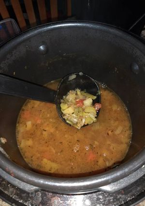 A picture of Lentil & potato pressure cooker vegetable soup.