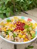 Ensalada de pollo del cocido y granada con vinagreta con miel