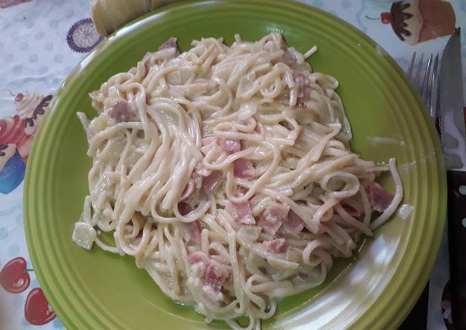 Spaguetti con crema de leche y panceta o bacon delicioso! Receta de Eva  Española- Cookpad