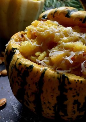 A picture of Squash risotto mantecato.
