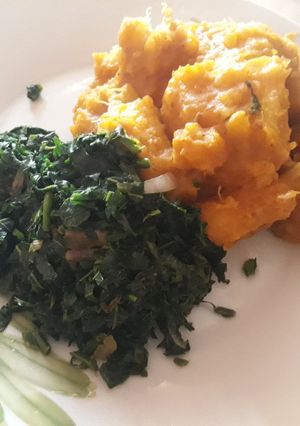A picture of Yam and sweet potato with vegetable.
