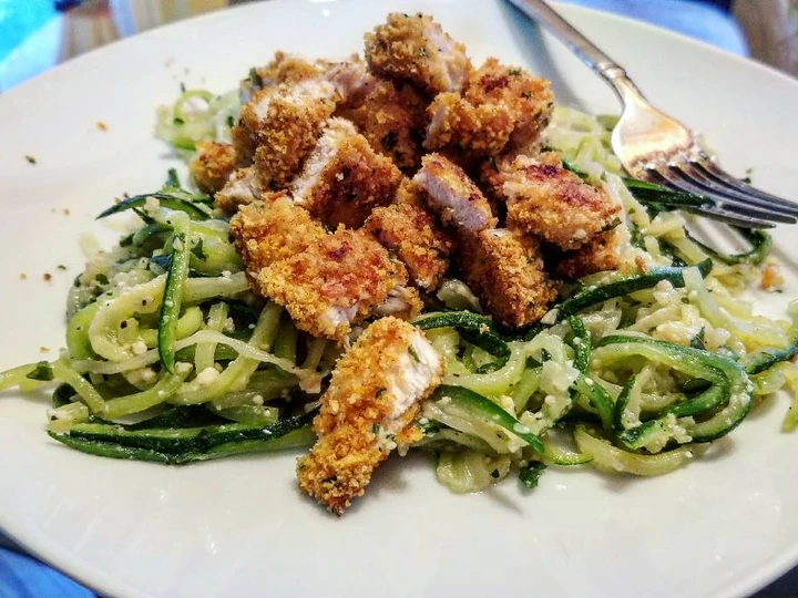Easy Steps to Make Recipe Parmesan Breaded Chicken &amp;amp; Zucchini Spaghetti (Low-Carb) that is So Delicious, So Delicious}