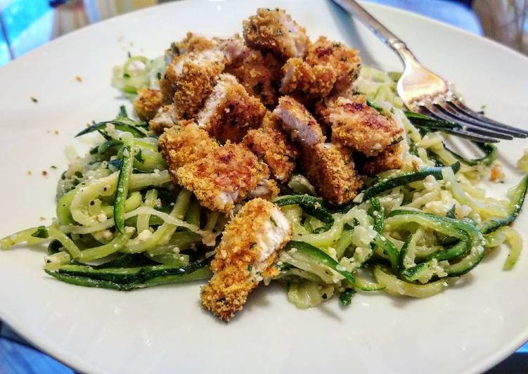 Parmesan Breaded Chicken & Zucchini Spaghetti (Low-Carb)