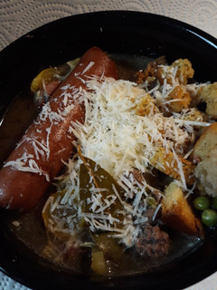 A picture of Hamburger, Hotdog, Vegetable Soup.