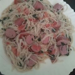 A picture of Spaghetti and smokie mix#4weekschallenge.